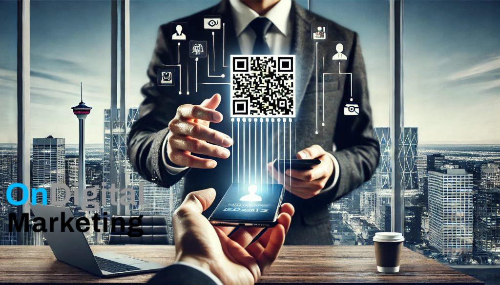 Professional exchanging contact information via QR code in Edmonton